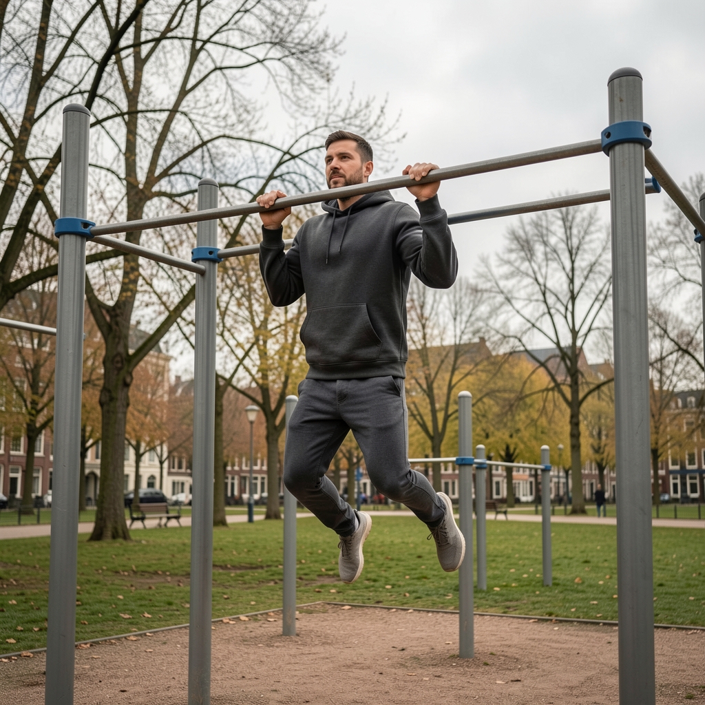 Man performing outdoor pull-ups on steel bars in a Brussels park, overcast sky, worn athletic clothing, natural urban fitness environment
