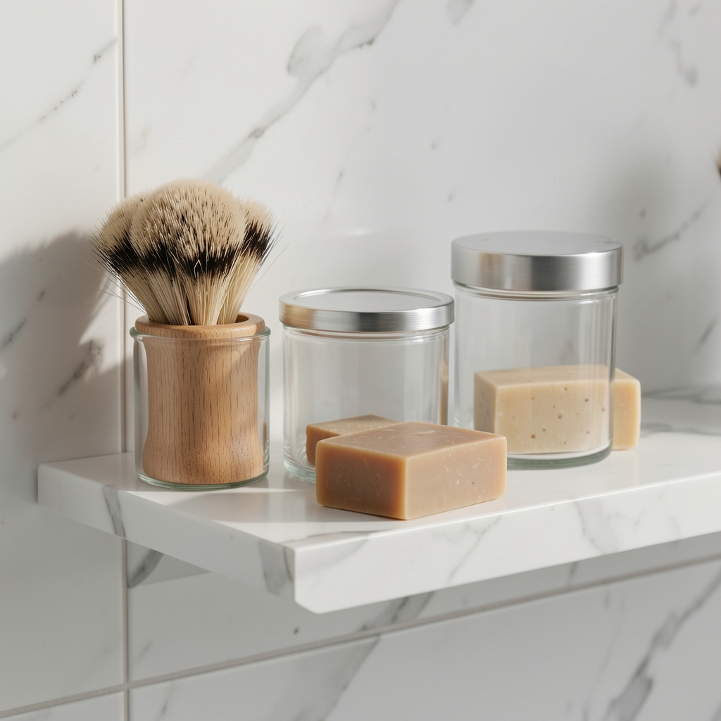 Close-up of a well-organized bathroom shelf with glass containers, wooden brush, natural bar soap, and minimal grooming items on white marble surface