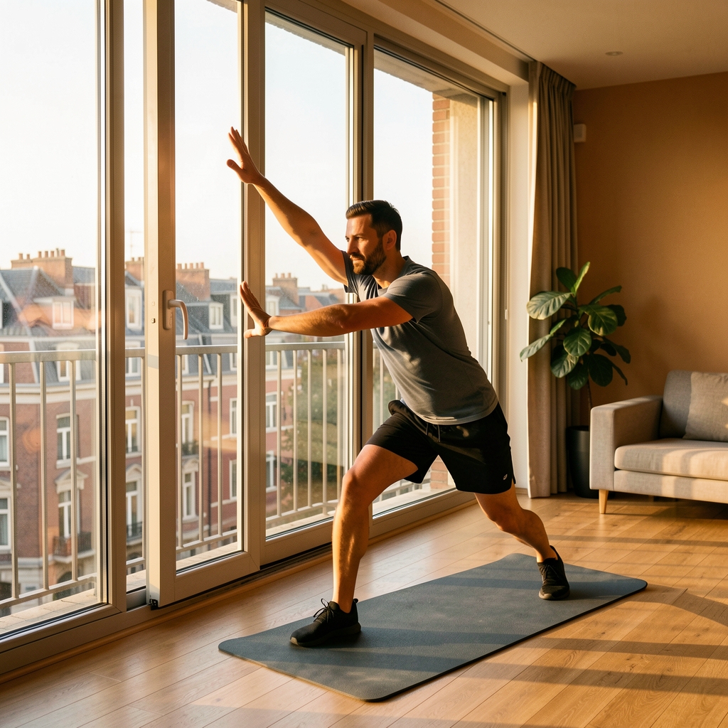 Man in athletic wear stretching beside a floor-to-ceiling window with morning light streaming through, Brussels apartment interior, warm tones